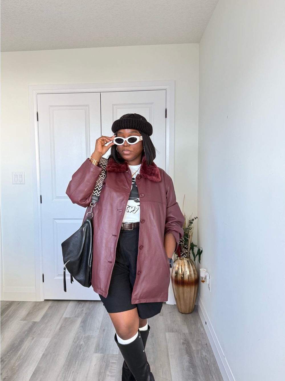 Sequence Burgundy Leather Jacket with Faux-Fur Collar